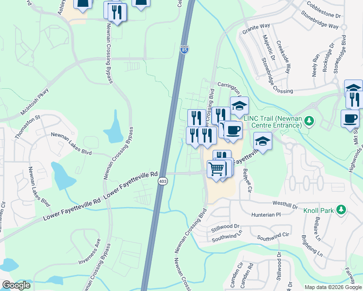 map of restaurants, bars, coffee shops, grocery stores, and more near Interstate 85 in Newnan
