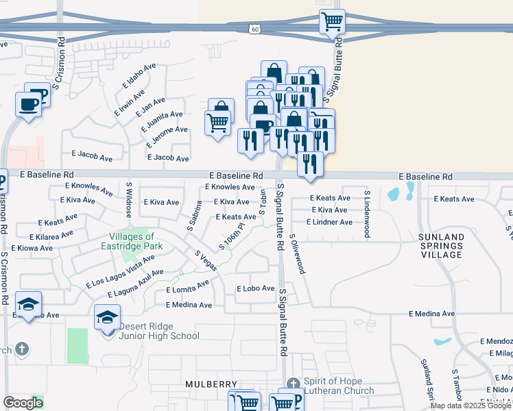 map of restaurants, bars, coffee shops, grocery stores, and more near 10721 East Knowles Avenue in Mesa