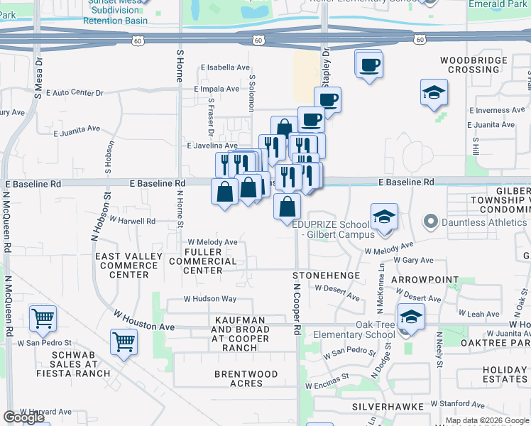 map of restaurants, bars, coffee shops, grocery stores, and more near 915 E Baseline Rd in Gilbert