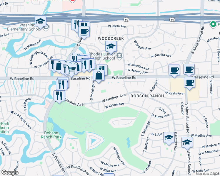 map of restaurants, bars, coffee shops, grocery stores, and more near 170 North Waterworks in Mesa