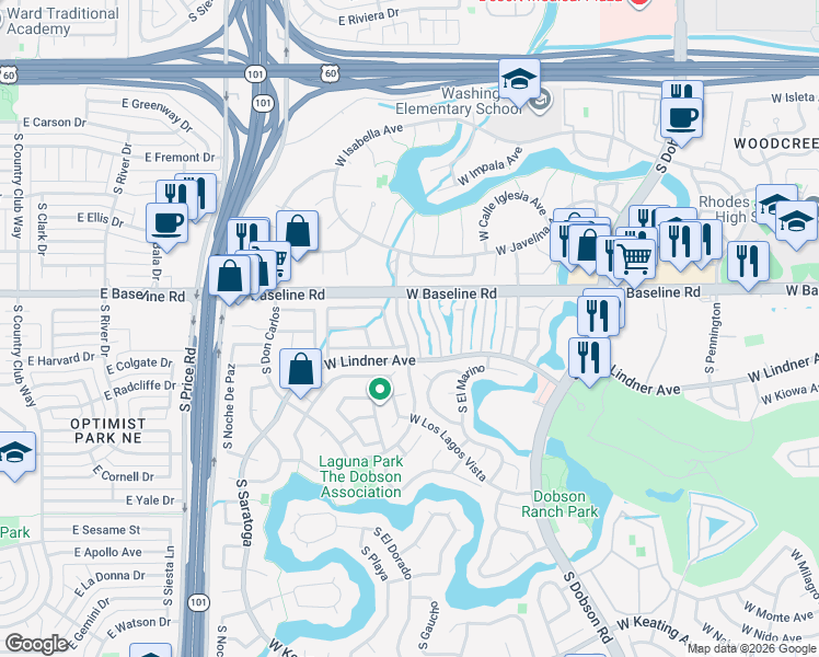 map of restaurants, bars, coffee shops, grocery stores, and more near 1864 South Las Palmas Circle in Mesa