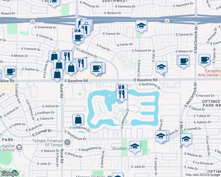 map of restaurants, bars, coffee shops, grocery stores, and more near 5200 South Lakeshore Drive in Tempe