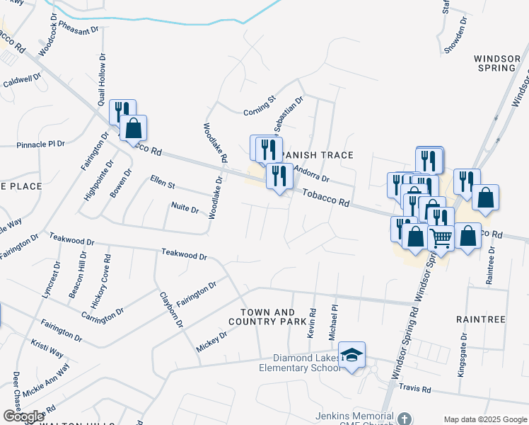 map of restaurants, bars, coffee shops, grocery stores, and more near 2574 Tobacco Road in Hephzibah
