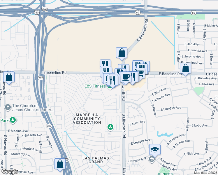 map of restaurants, bars, coffee shops, grocery stores, and more near 9115 East Baseline Road in Mesa