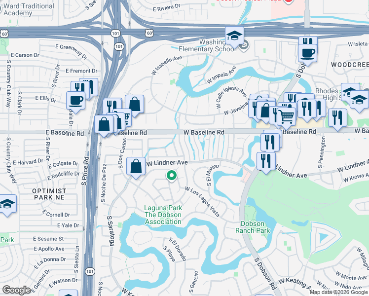 map of restaurants, bars, coffee shops, grocery stores, and more near 1864 South Las Palmas Circle in Mesa