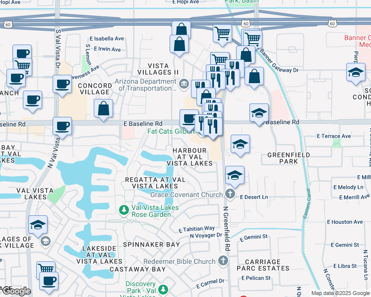 map of restaurants, bars, coffee shops, grocery stores, and more near 1509 North Piedmont Drive in Gilbert