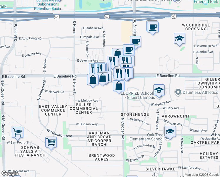 map of restaurants, bars, coffee shops, grocery stores, and more near in Gilbert