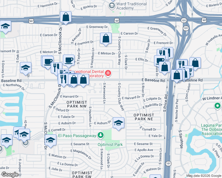 map of restaurants, bars, coffee shops, grocery stores, and more near 1968 East Rice Drive in Tempe