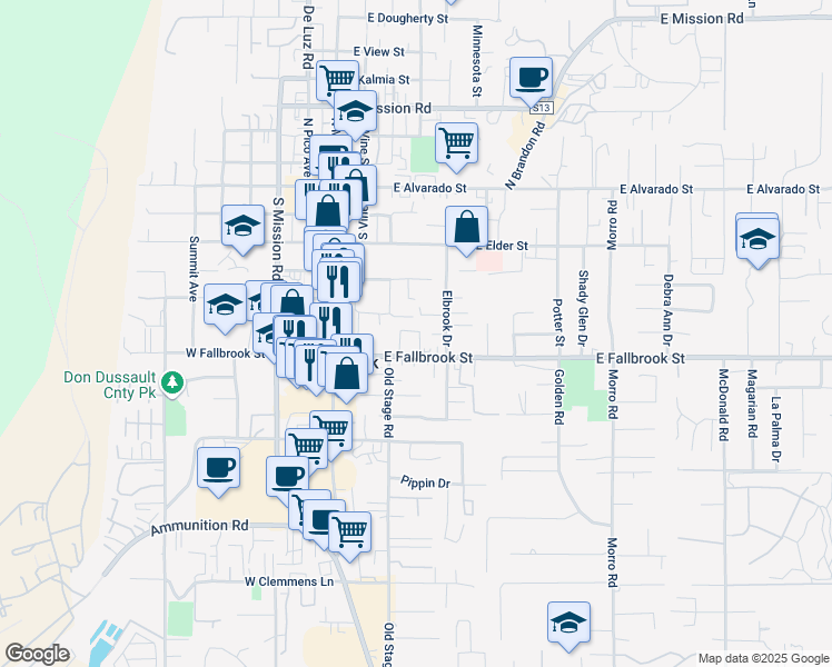 map of restaurants, bars, coffee shops, grocery stores, and more near 338 East Fallbrook Street in Fallbrook