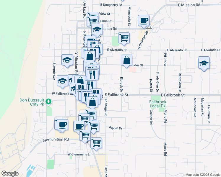 map of restaurants, bars, coffee shops, grocery stores, and more near 316 East Fallbrook Street in Fallbrook