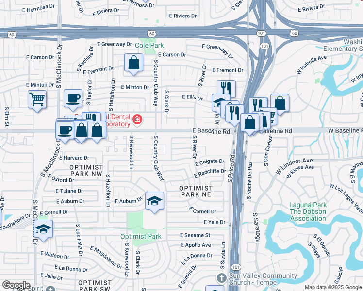 map of restaurants, bars, coffee shops, grocery stores, and more near 2036 East Rice Drive in Tempe