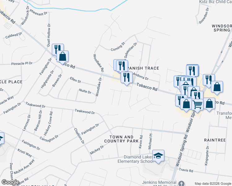 map of restaurants, bars, coffee shops, grocery stores, and more near 2574 Tobacco Road in Hephzibah