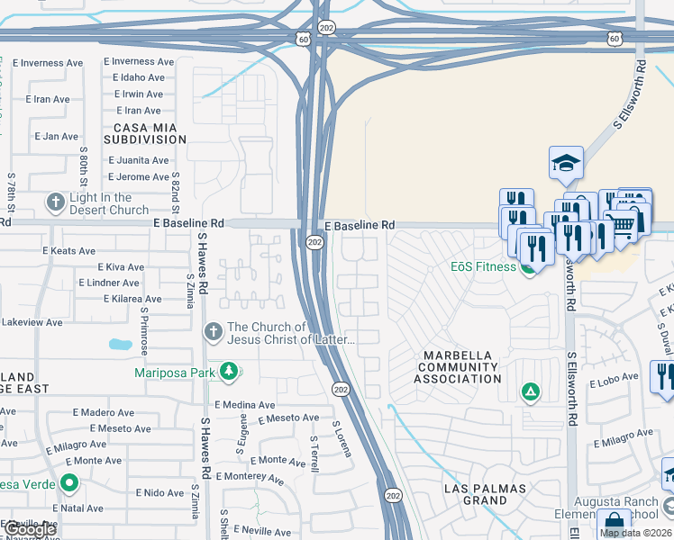 map of restaurants, bars, coffee shops, grocery stores, and more near 8704 East Keats Avenue in Mesa