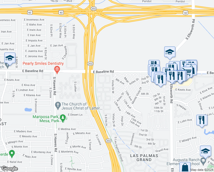 map of restaurants, bars, coffee shops, grocery stores, and more near 8734 East Keats Avenue in Mesa