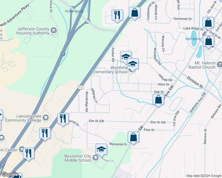 map of restaurants, bars, coffee shops, grocery stores, and more near 723 Gramor Drive in Bessemer
