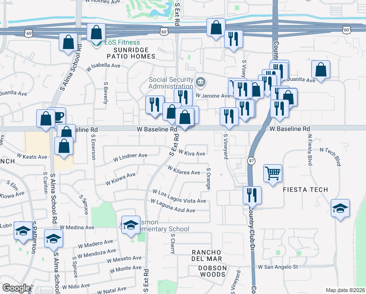 map of restaurants, bars, coffee shops, grocery stores, and more near 745 West Baseline Road in Mesa