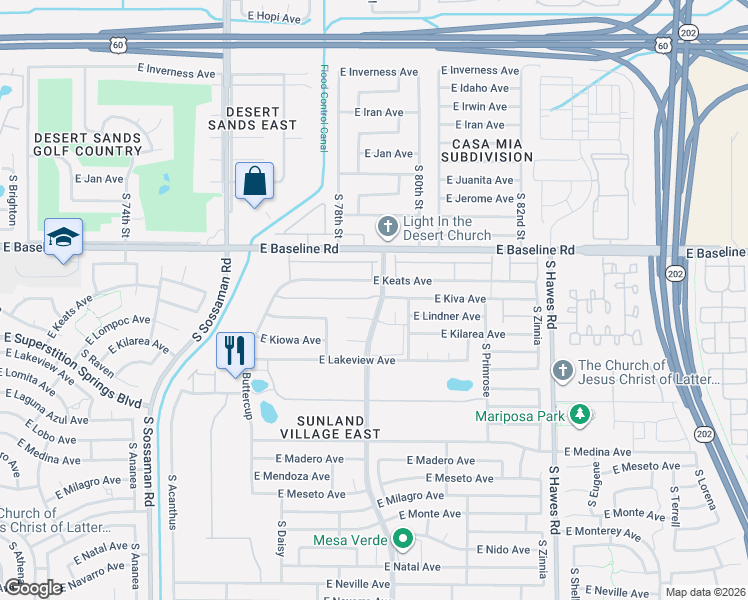 map of restaurants, bars, coffee shops, grocery stores, and more near 2064 South Farnsworth Drive in Mesa