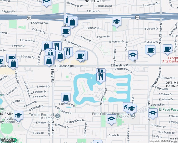 map of restaurants, bars, coffee shops, grocery stores, and more near 5200 South Lakeshore Drive in Tempe