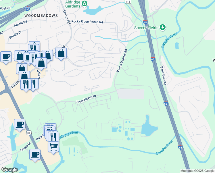 map of restaurants, bars, coffee shops, grocery stores, and more near Rime Vig in Hoover