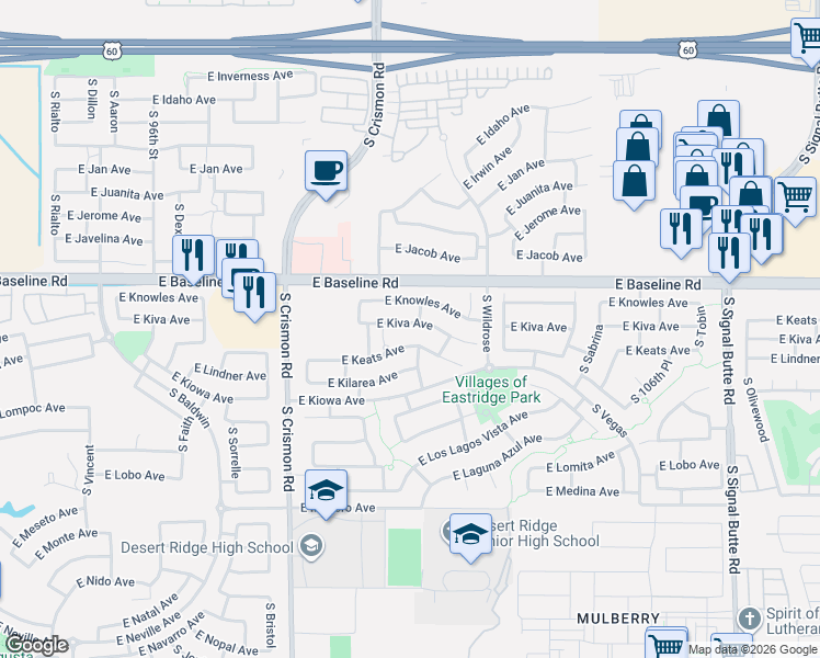 map of restaurants, bars, coffee shops, grocery stores, and more near 10237 East Knowles Avenue in Mesa