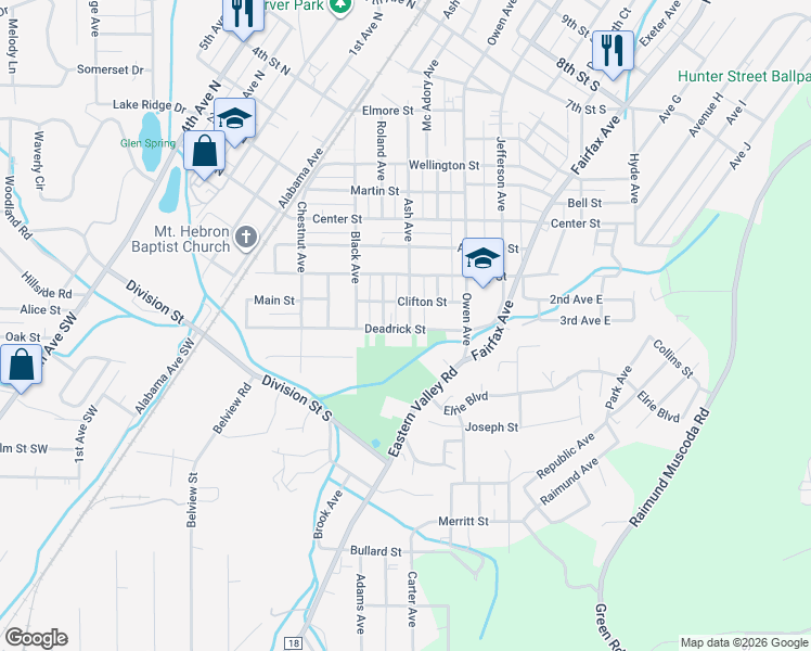 map of restaurants, bars, coffee shops, grocery stores, and more near 100 Ash Avenue in Bessemer