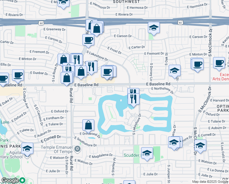 map of restaurants, bars, coffee shops, grocery stores, and more near 5200 South Lakeshore Drive in Tempe
