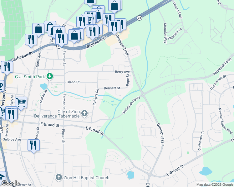 map of restaurants, bars, coffee shops, grocery stores, and more near 40 Bennett Street in Newnan
