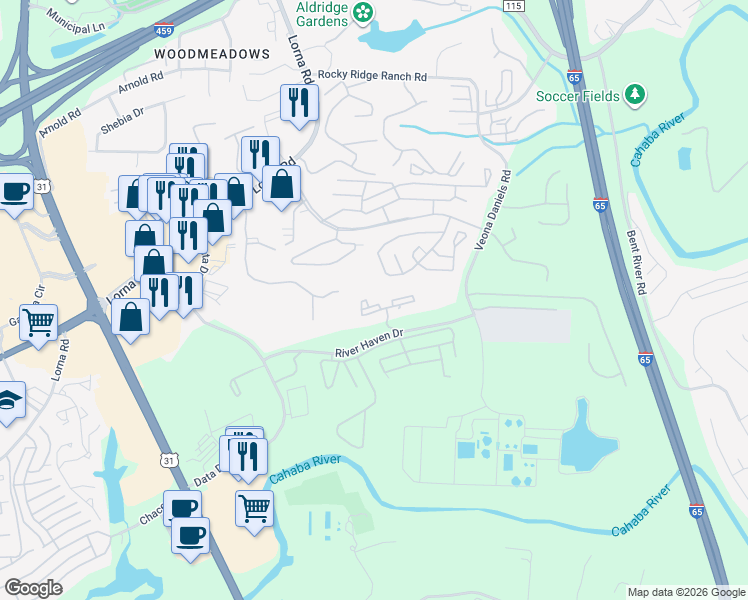 map of restaurants, bars, coffee shops, grocery stores, and more near 526 Riverhaven Place in Hoover