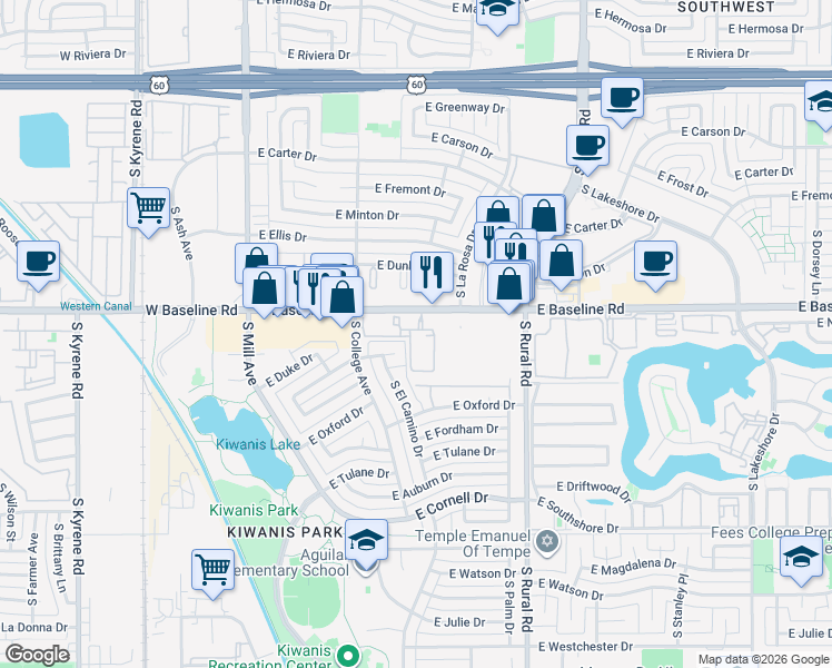 map of restaurants, bars, coffee shops, grocery stores, and more near 577 East Baseline Road in Tempe
