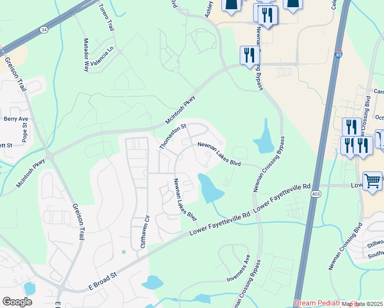 map of restaurants, bars, coffee shops, grocery stores, and more near 63 Covington Terrace in Newnan