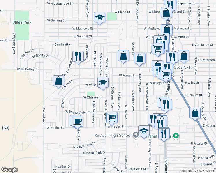 map of restaurants, bars, coffee shops, grocery stores, and more near 1405 South Washington Avenue in Roswell
