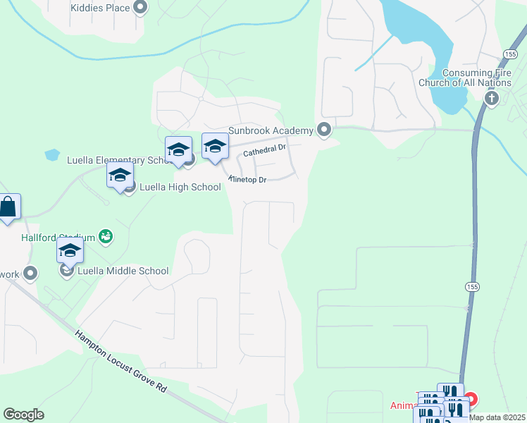 map of restaurants, bars, coffee shops, grocery stores, and more near 1004 Battersea Place in Locust Grove