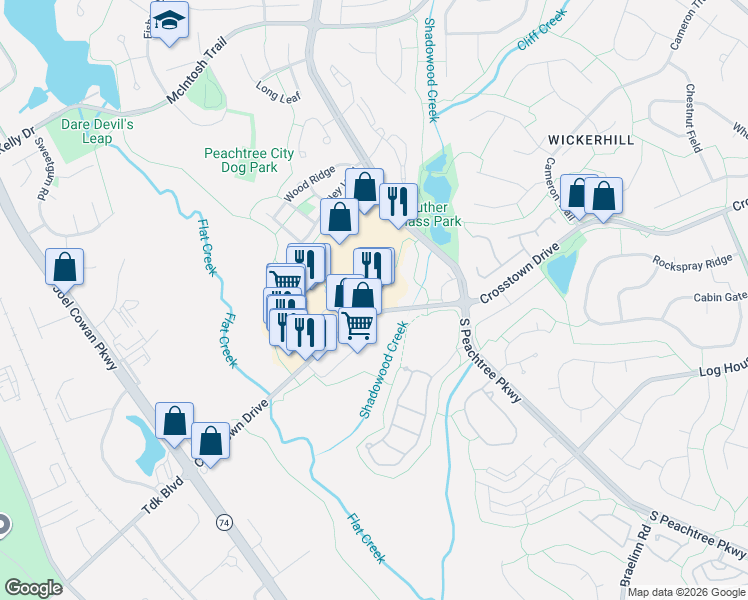 map of restaurants, bars, coffee shops, grocery stores, and more near 494 Crosstown Drive in Peachtree City