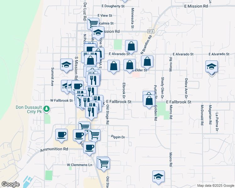 map of restaurants, bars, coffee shops, grocery stores, and more near 603 Elbrook Drive in Fallbrook