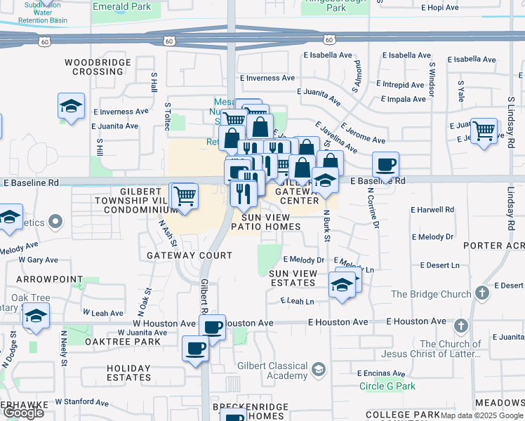 map of restaurants, bars, coffee shops, grocery stores, and more near 1500 North Sunview Parkway in Gilbert