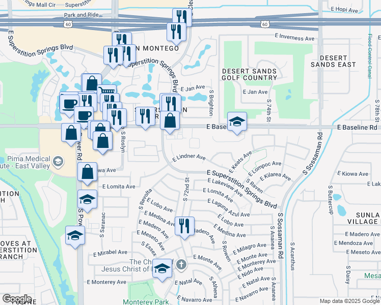 map of restaurants, bars, coffee shops, grocery stores, and more near 7160 East Lindner Avenue in Mesa