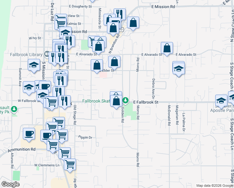 map of restaurants, bars, coffee shops, grocery stores, and more near 730 Driftwood Lane in Fallbrook