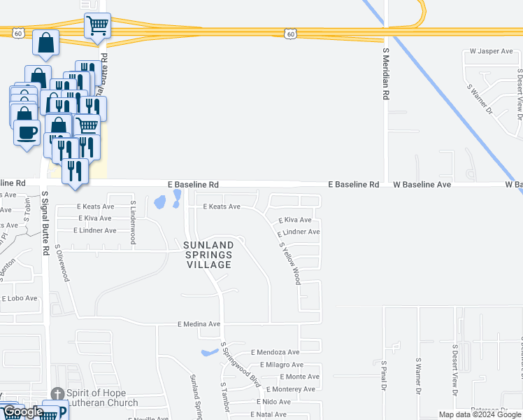 map of restaurants, bars, coffee shops, grocery stores, and more near 38 South Sunland Spur Garden Condominium in Mesa