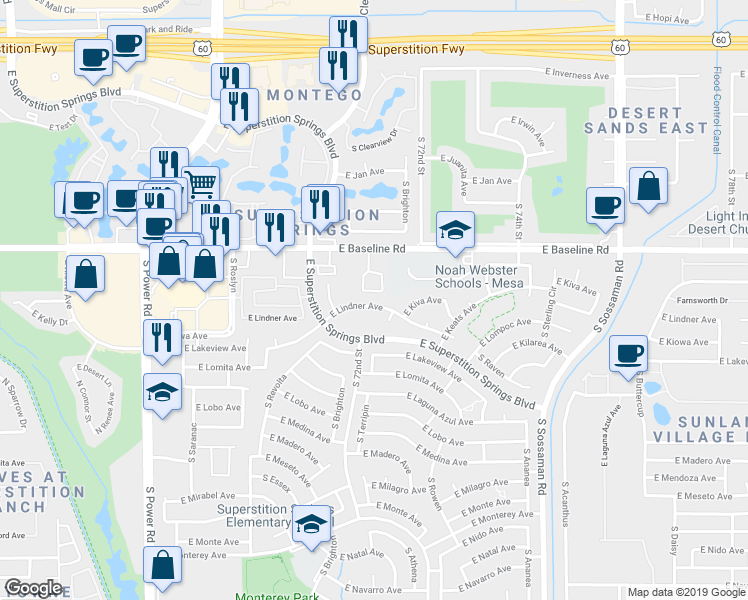 map of restaurants, bars, coffee shops, grocery stores, and more near 7233 East Baseline Road in Mesa