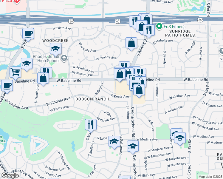 map of restaurants, bars, coffee shops, grocery stores, and more near 1331 West Baseline Road in Mesa