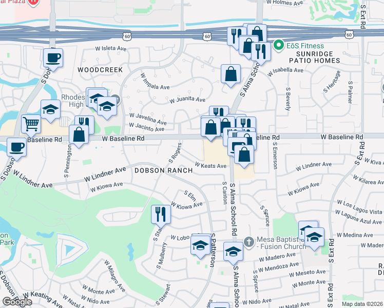 map of restaurants, bars, coffee shops, grocery stores, and more near 1331 West Baseline Road in Mesa