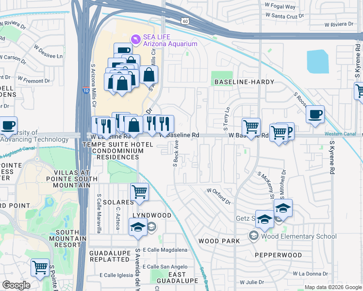 map of restaurants, bars, coffee shops, grocery stores, and more near in Tempe