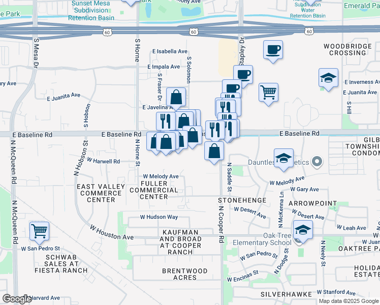 map of restaurants, bars, coffee shops, grocery stores, and more near 1085 East Baseline Road in Gilbert