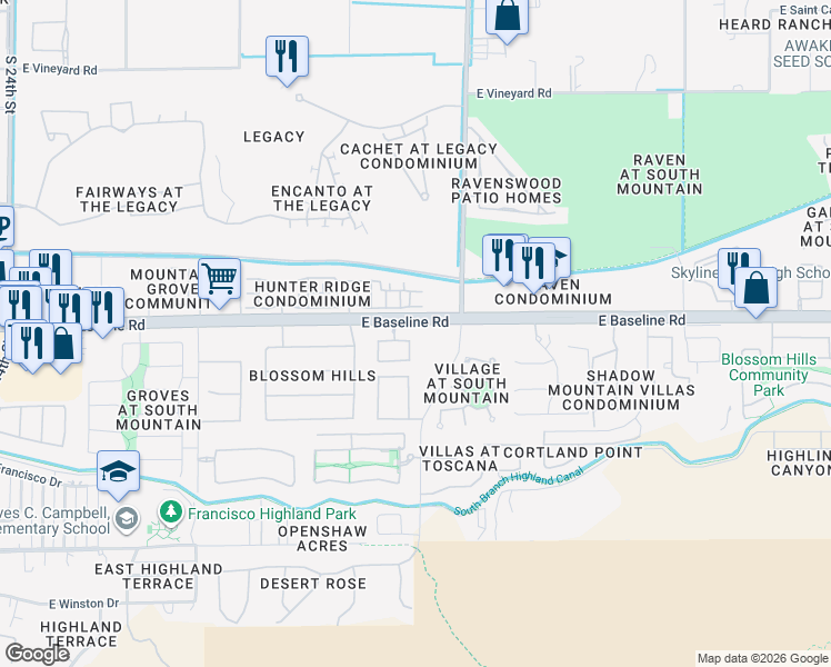 map of restaurants, bars, coffee shops, grocery stores, and more near 3201 East Baseline Road in Phoenix