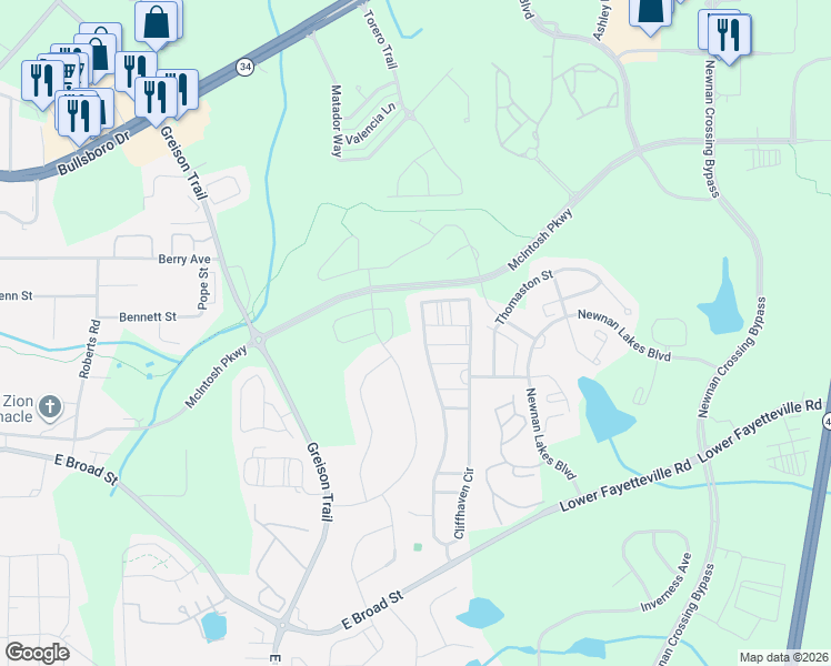 map of restaurants, bars, coffee shops, grocery stores, and more near 261 Cliffhaven Circle in Newnan