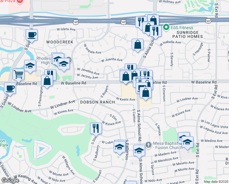 map of restaurants, bars, coffee shops, grocery stores, and more near 1331 West Baseline Road in Mesa