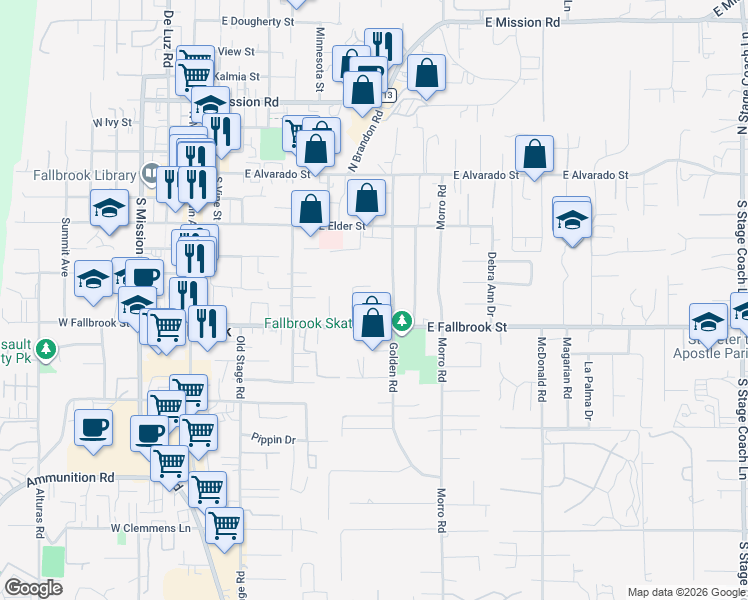 map of restaurants, bars, coffee shops, grocery stores, and more near 730 Driftwood Lane in Fallbrook