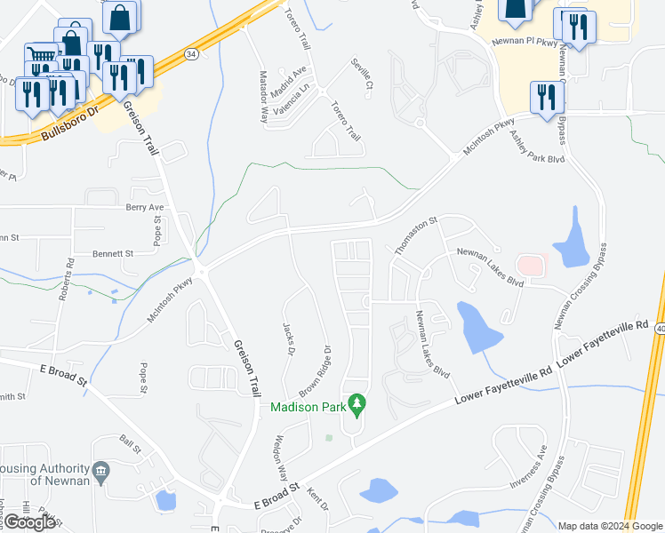 map of restaurants, bars, coffee shops, grocery stores, and more near 273 Cliffhaven Circle in Newnan