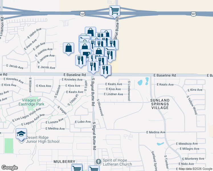 map of restaurants, bars, coffee shops, grocery stores, and more near 10848 East Keats Avenue in Mesa