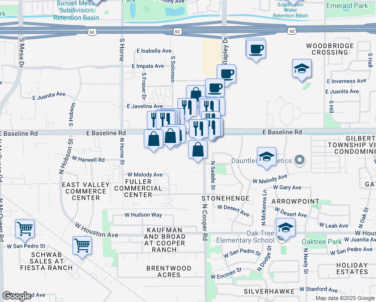 map of restaurants, bars, coffee shops, grocery stores, and more near 915 East Baseline Road in Gilbert